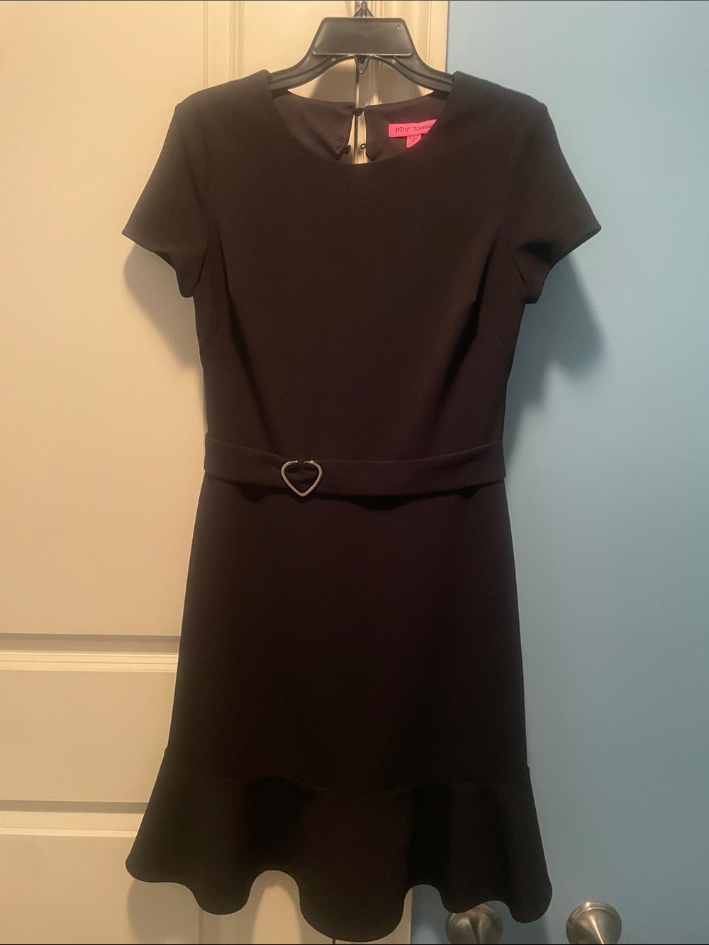 Betsey Johnson Black Short-Sleeve Fit & Flare Dress with Heart-Buckle Belt